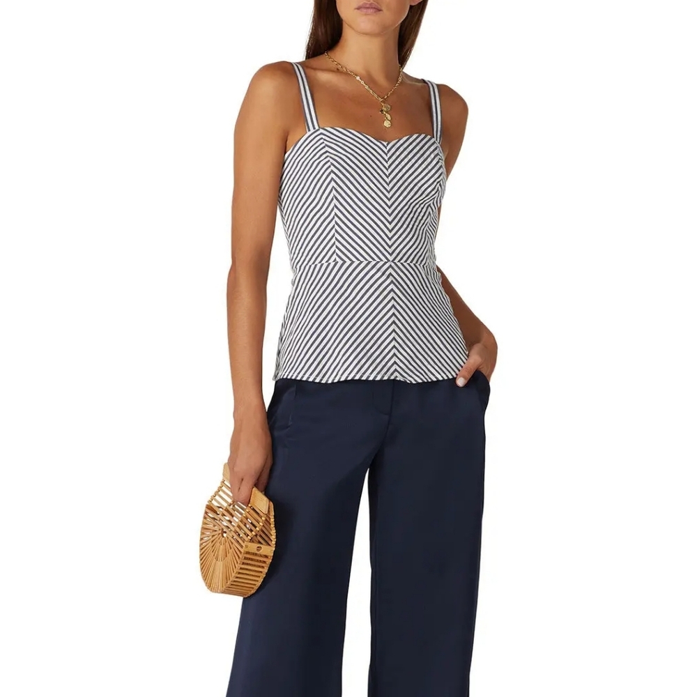 TRINA TURK Blue White Chevron Stripe Peplum Hem Bustier Beguiling Top Size 4